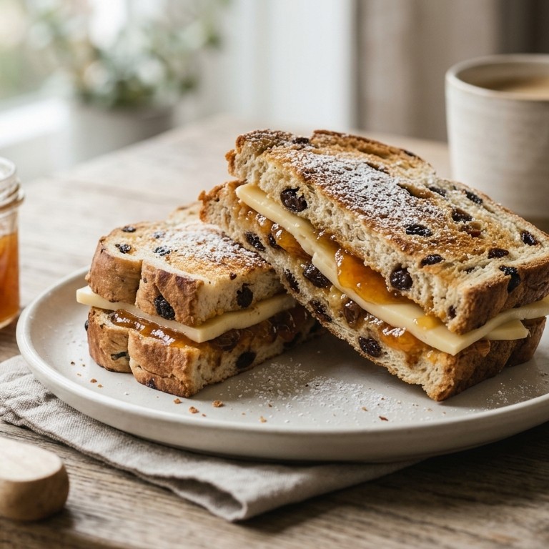 Krentenbroodsandwich met marmelade en jonge kaas