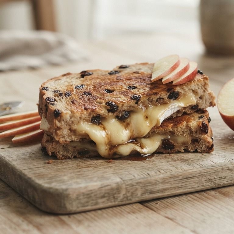 Krentenbroodtosti met brie, appelstroop en appel