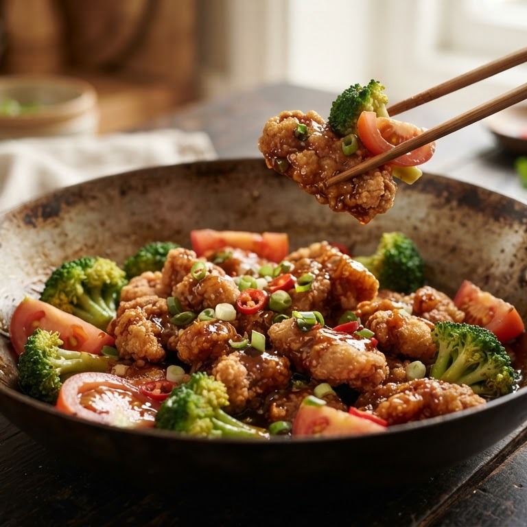 Krokant gebakken kip met broccoli en tomaten