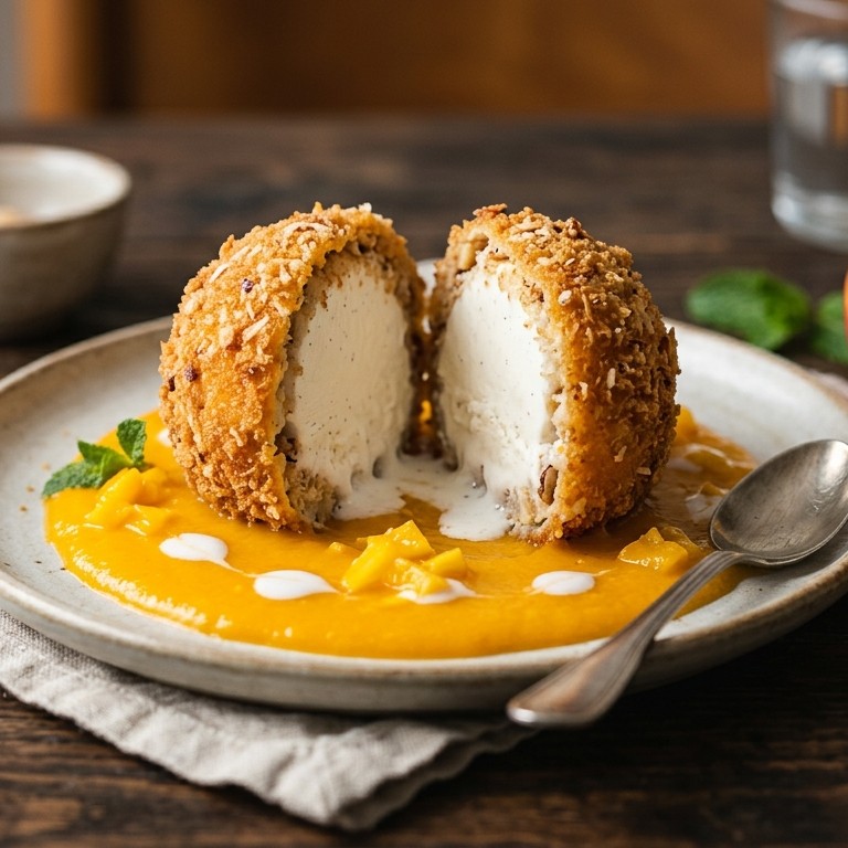 Krokante ijsbol met mangoroom