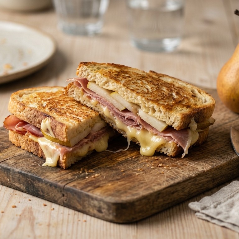 Krokante sandwich met peer en gandaham