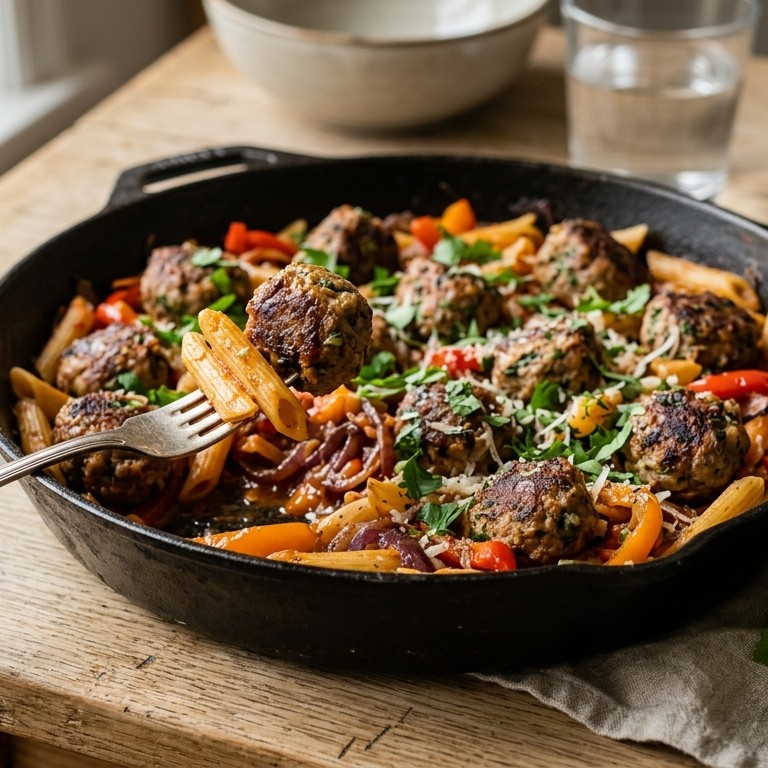 Kruidige gehaktballetjes met penne