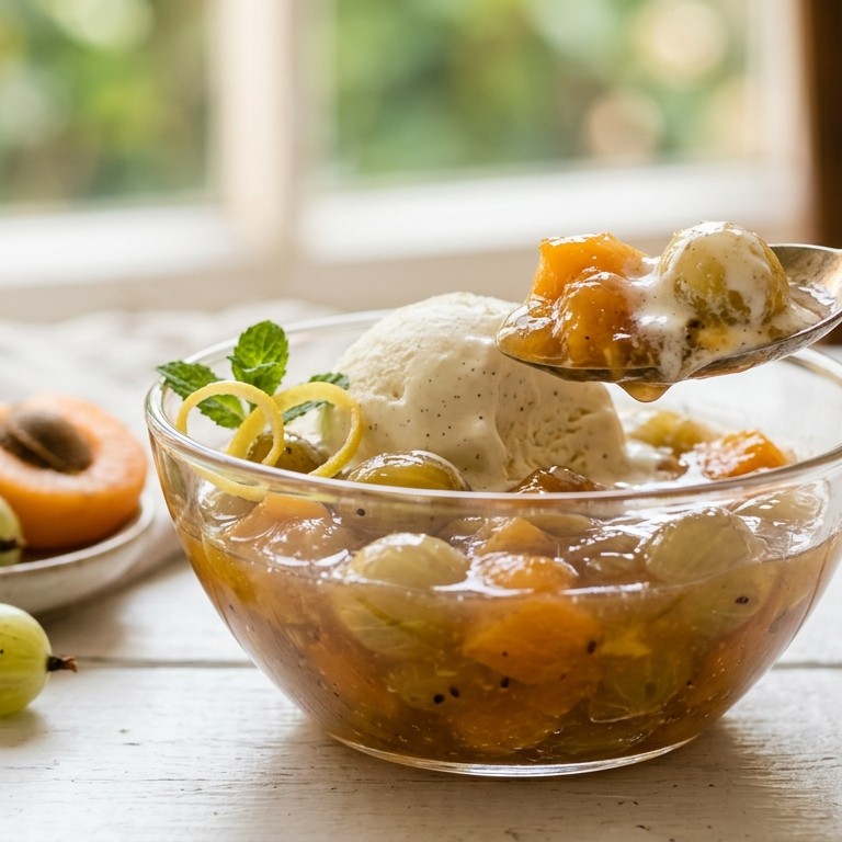 Kruisbessen-compote met vanilleijs