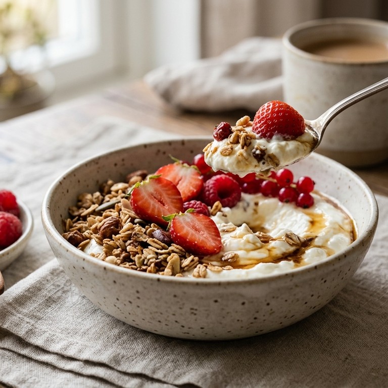 Kwark met muesli en rood fruit