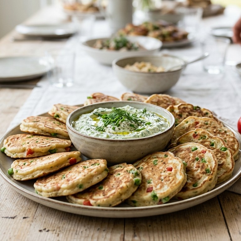 Kwarkpannenkoekjes met kruidendip voor buffet