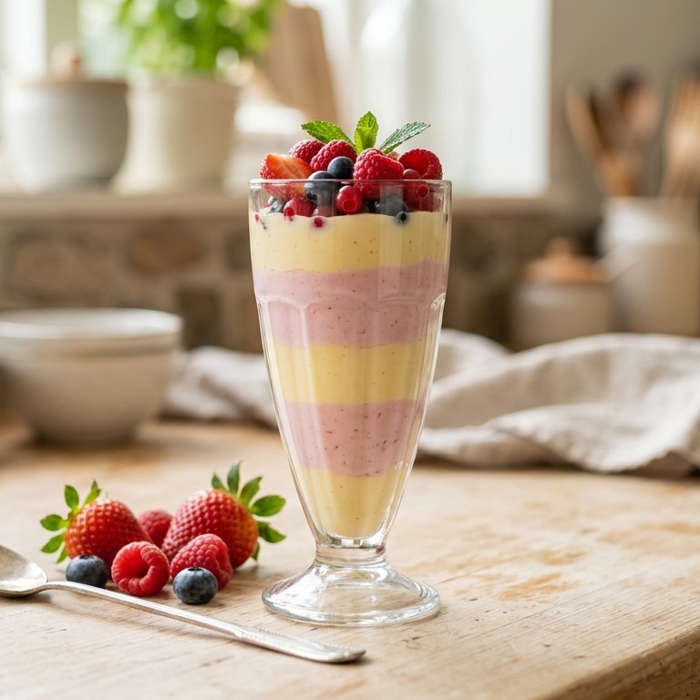 Laagjes vla met roze yoghurt