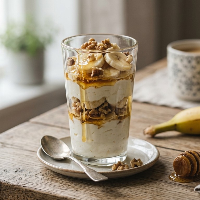 Laagjestoetje van yoghurt-banaan-honing-walnoten