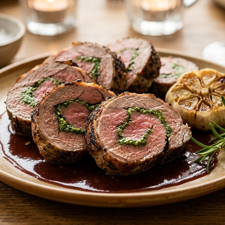 Lamsfilet gevuld met pesto, met een rodewijnbasilicumsaus