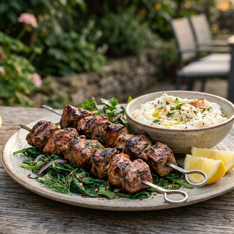 Lamskebab met paprikapoeder en skordalia