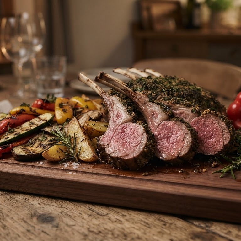 Lamsrack met gegrilde groenten en rozemarijnaardappeltjes