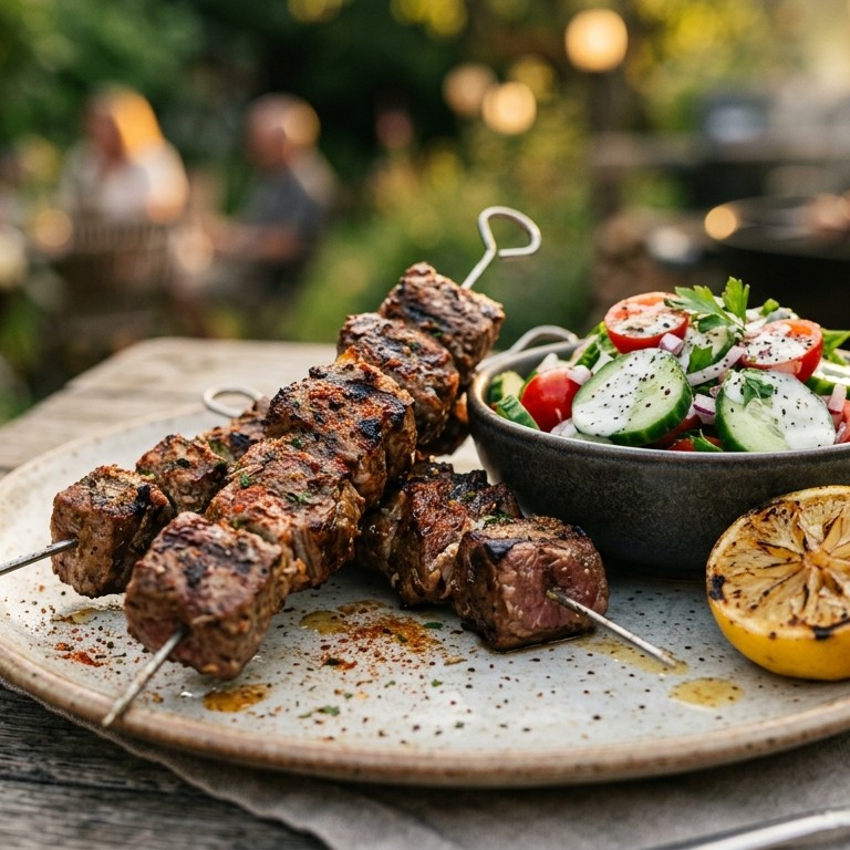Lamsspiesjes met komkommersalade
