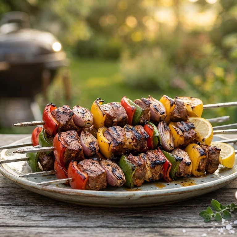 Lamsspiesjes met paprika, sjalotjes, knoflook en citroen