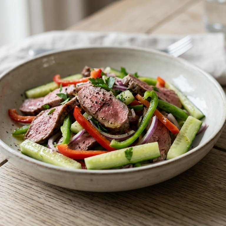 Lamsvleessalade met paprika en komkommer