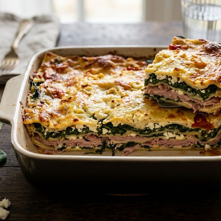 Lasagne met beenham, feta en wilde spinazie