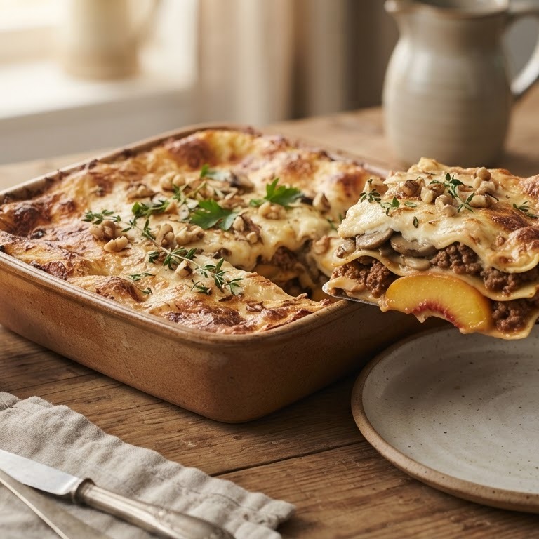 Lasagne met mon chou, champignon en perzik