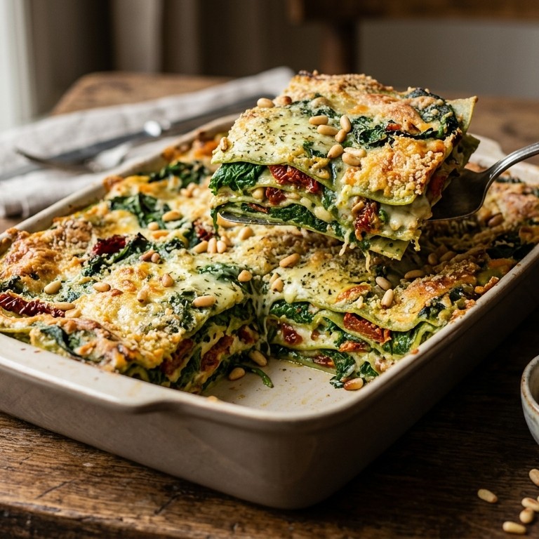 Lasagne met roergebakken spinazie en tomaten