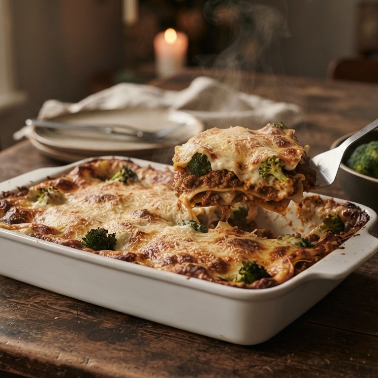 Lasagne met rundergehakt, broccoli en geraspte kaas