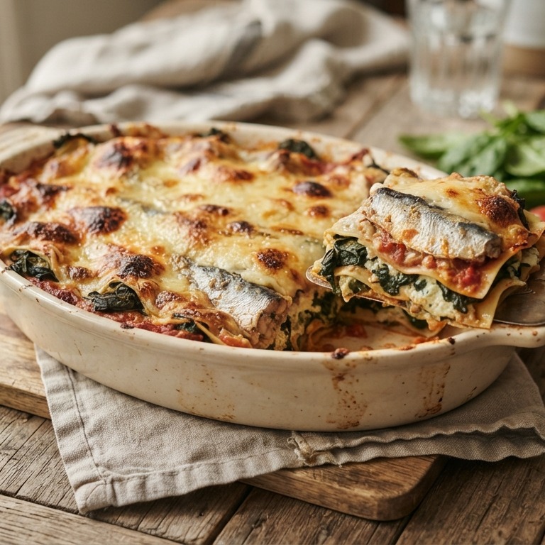 Lasagne met sardientjes en spinazie
