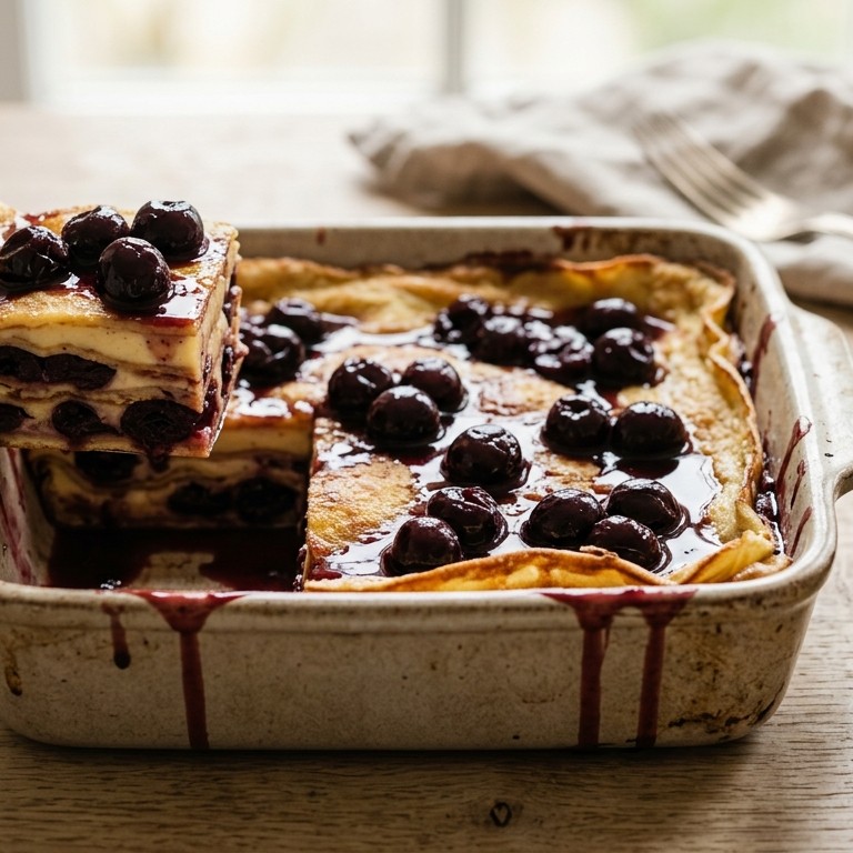 Lasagne van pannenkoeken met kersen