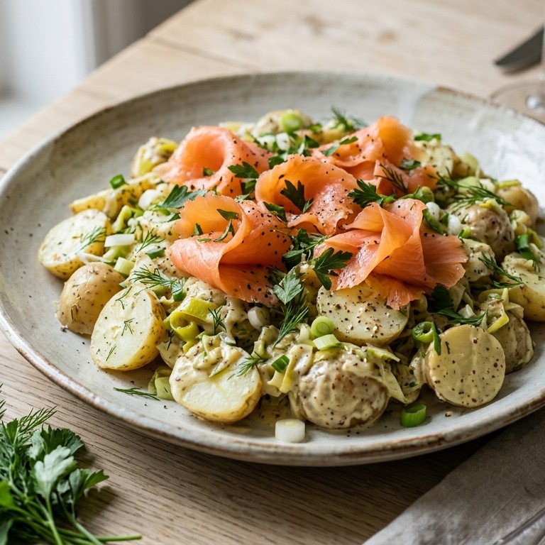 Lauwwarme aardappelsalade met lenteuitjes en gerookte zalm
