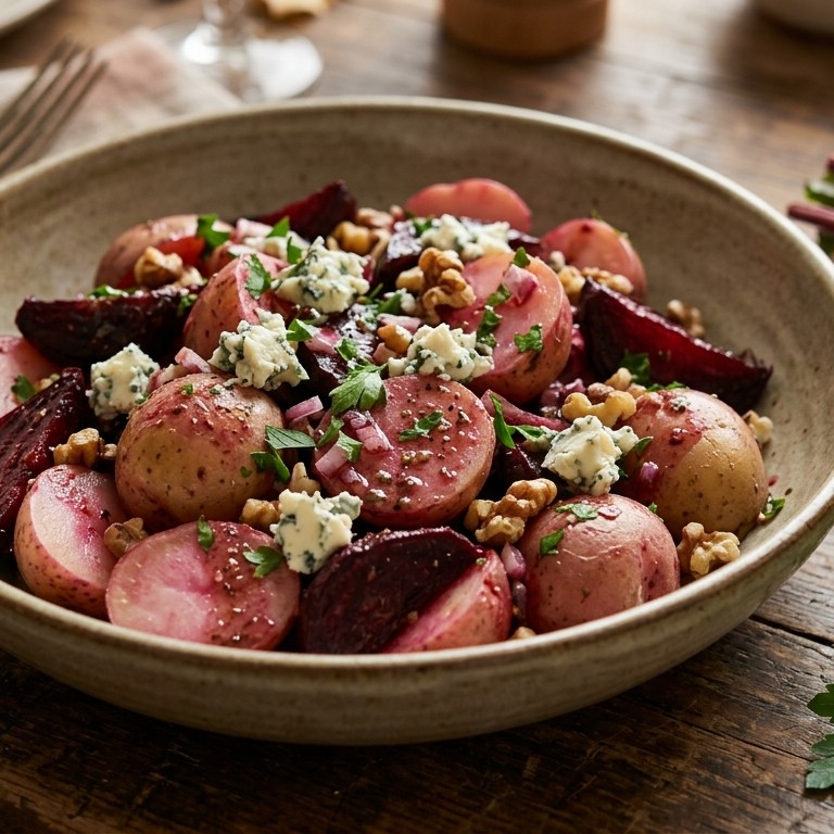 Lauwwarme aardappelsalade met rode bietjes en roquefortkaas