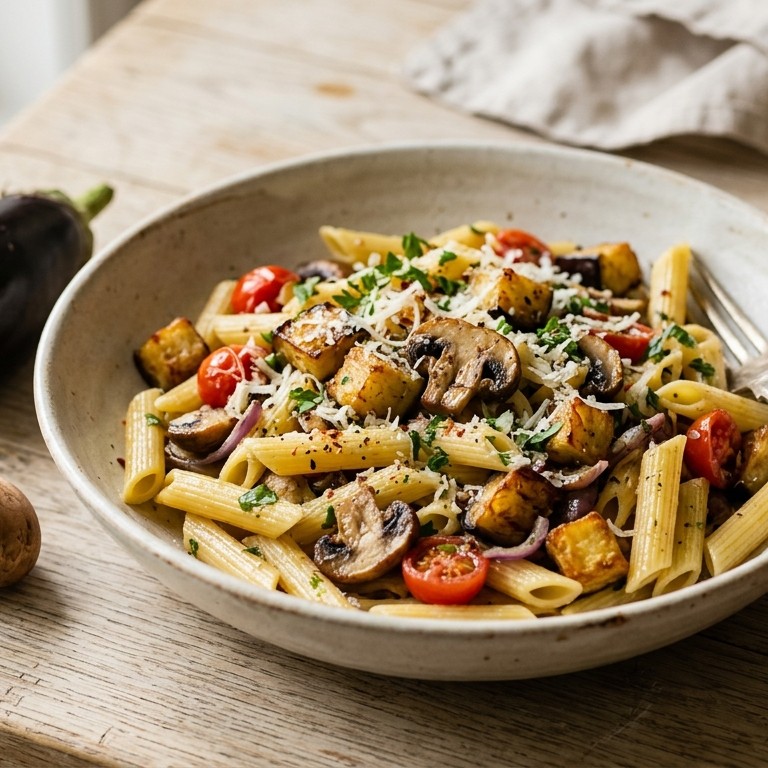 Lauwwarme pastasalade met champignons en aubergine