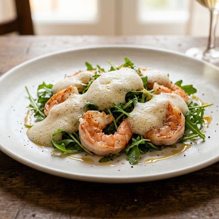 Lauwwarme salade van gamba's, rucola en kaasschuim