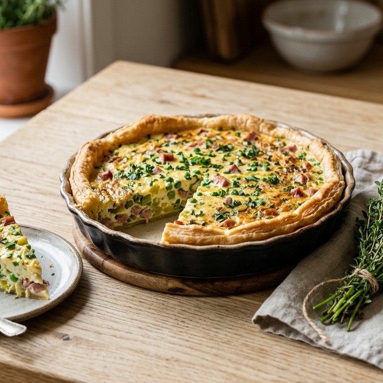 Lentequiche van prei, tuinerwtjes en ham