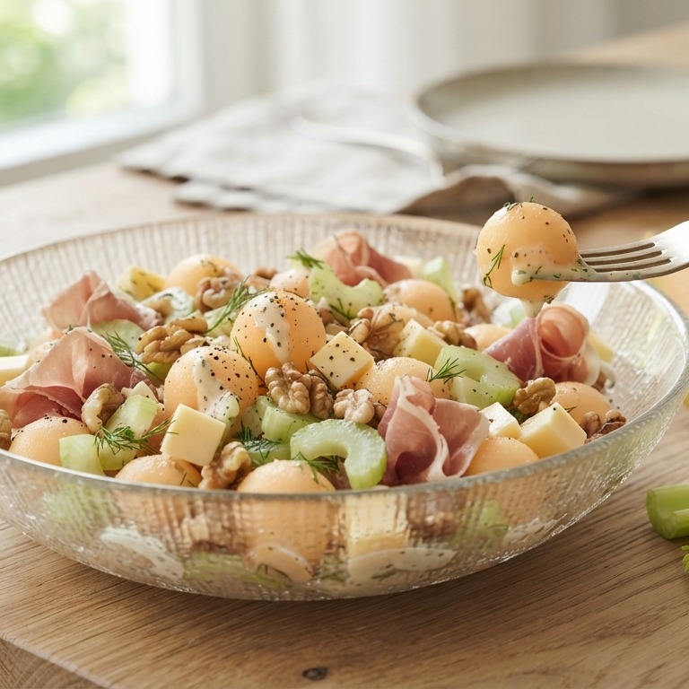 Lentesalade met bleekselderij, meloen, ham en kaas