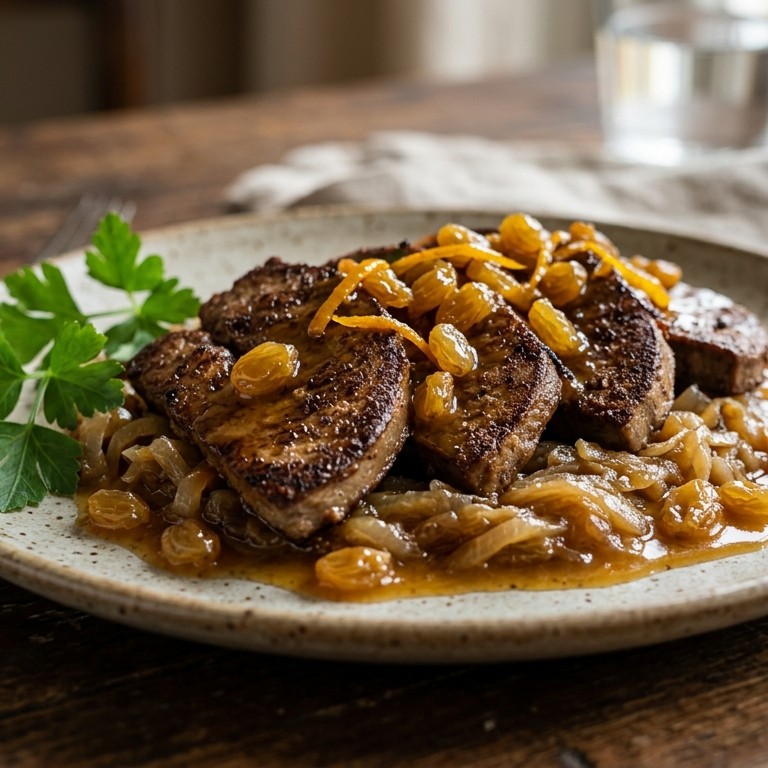 Lever met sinaasappel-rozijnensaus