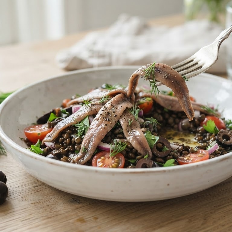 Linzensalade met ansjovis en mosterdvinaigrette