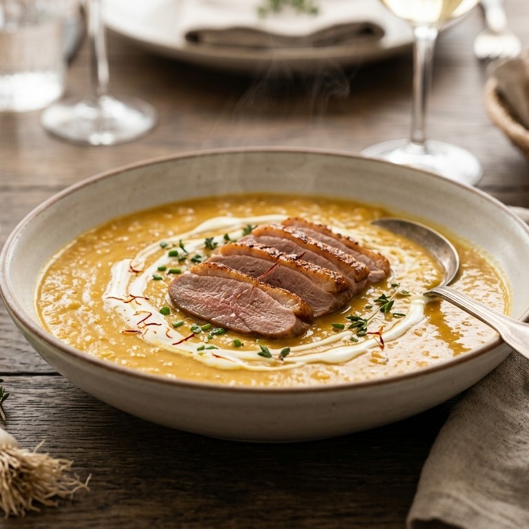 Linzensoep met sherry en eendenbortsfilet