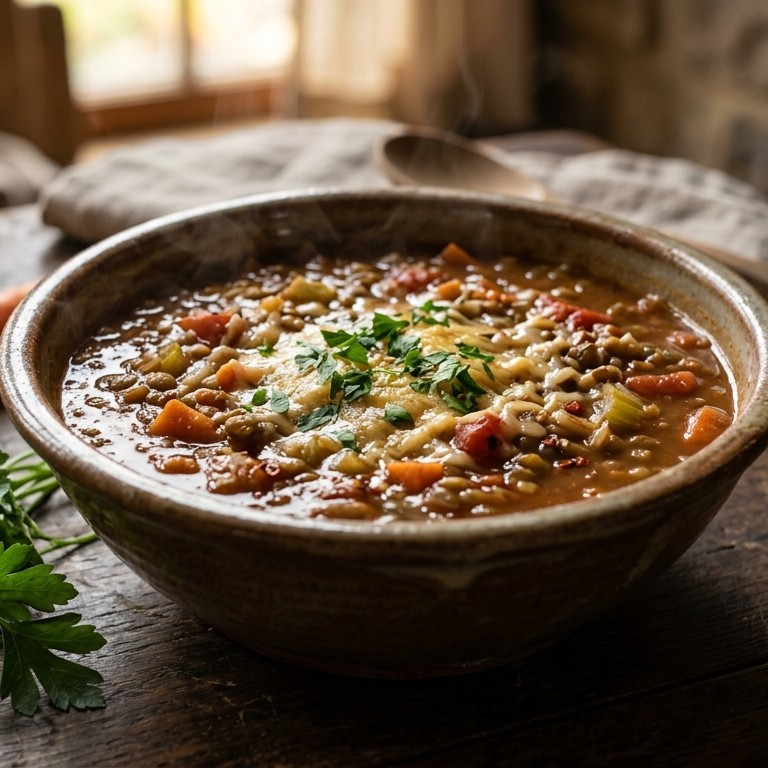 Linzensoep met tomaten en geraspte kaas