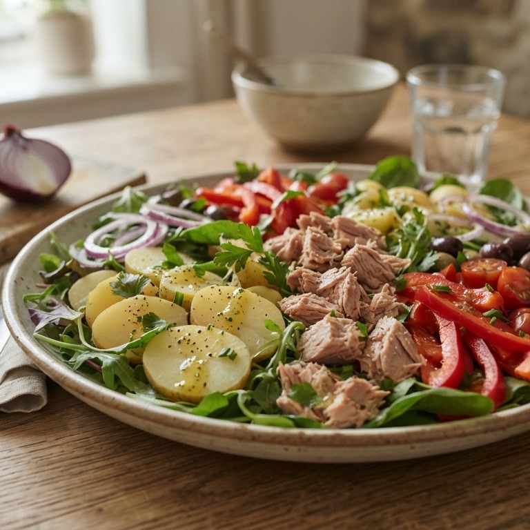 Maaltijd salade met aardappel, tonijn, paprika, tomaat en ui