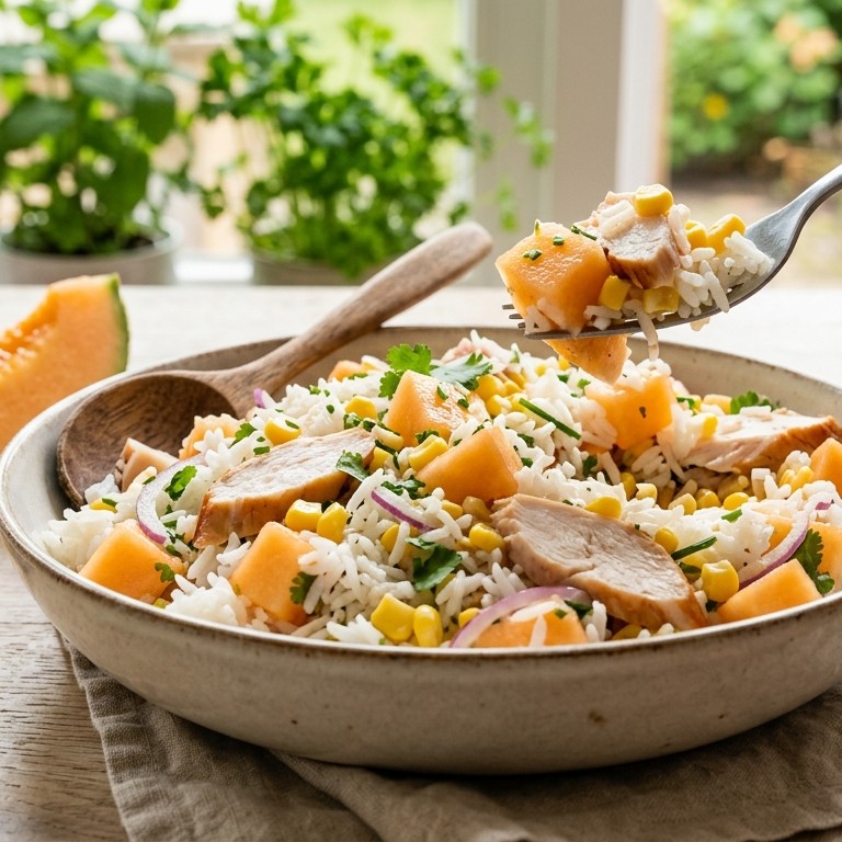 Maaltijdsalade van rijst en gerookte kipfilet