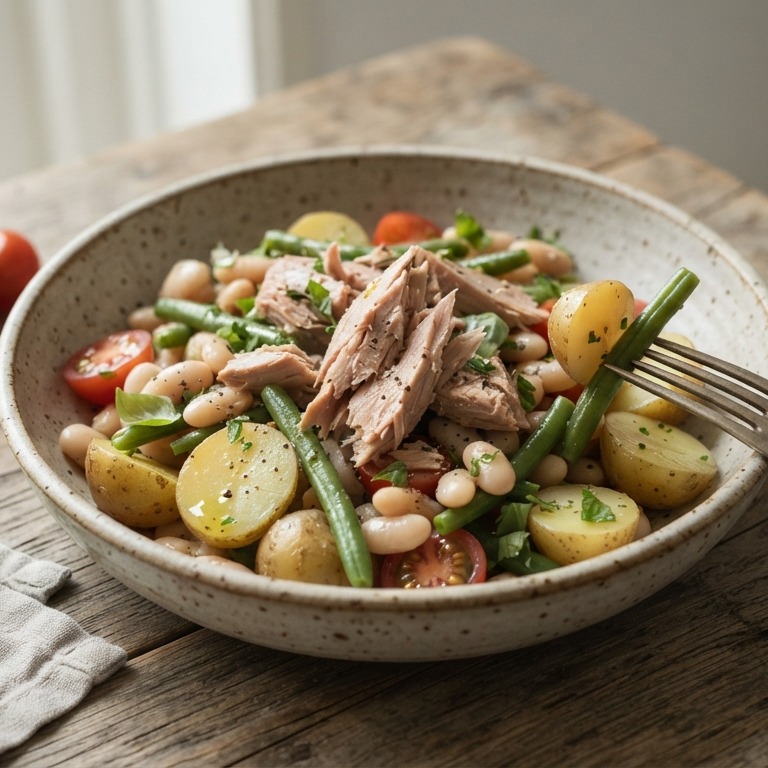 Maaltijdsalade van tonijn, aardappelen en bonen