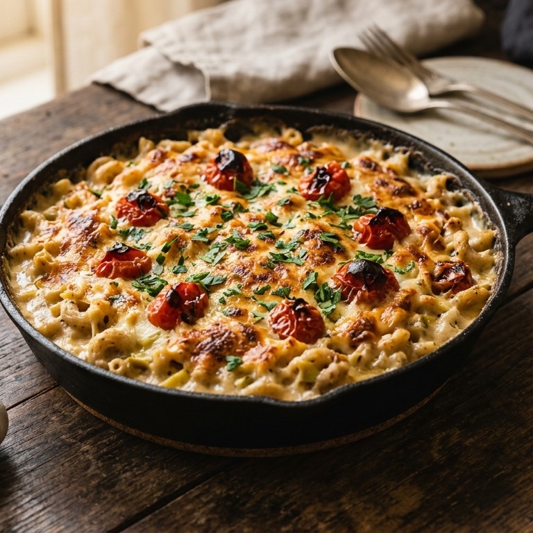 Mac-and-cheese met prei en tomaatjes