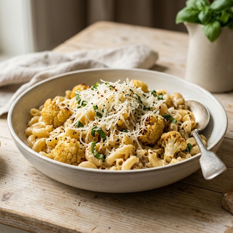 Macaroni met bloemkoolroosjes en oude kaas