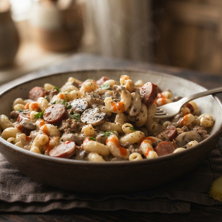 Macaroni met boterhamworst en tabasco