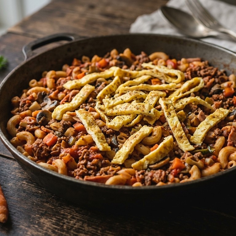 Macaroni met champignons, gehakt en soepgroenten