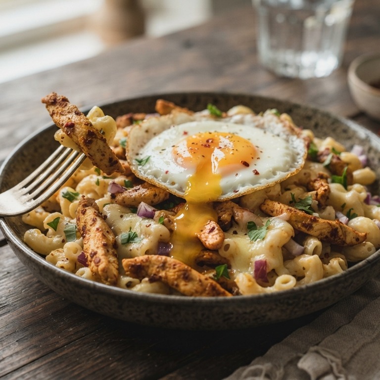 Macaroni met gebakken ei en shoarma