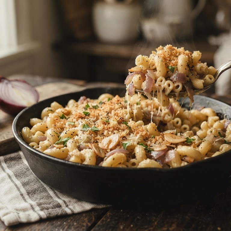 Macaroni met knoflook, rode ui, en geraspte belegen kaas