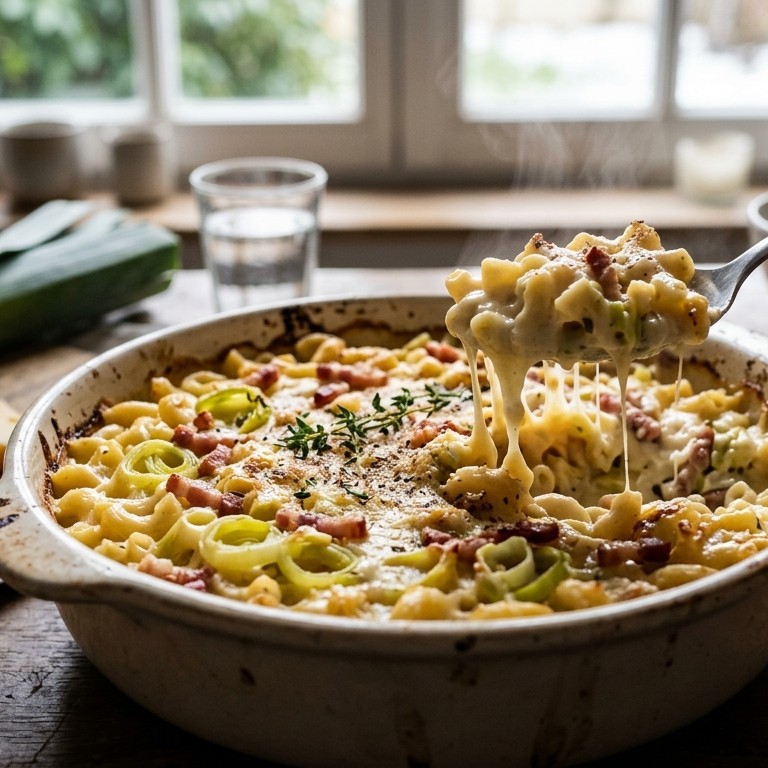 Macaroni met prei en spekblokjes in kaassaus