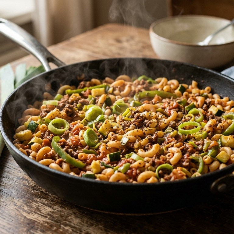 Macaroni met rundergehakt, prei, courgette en paprika