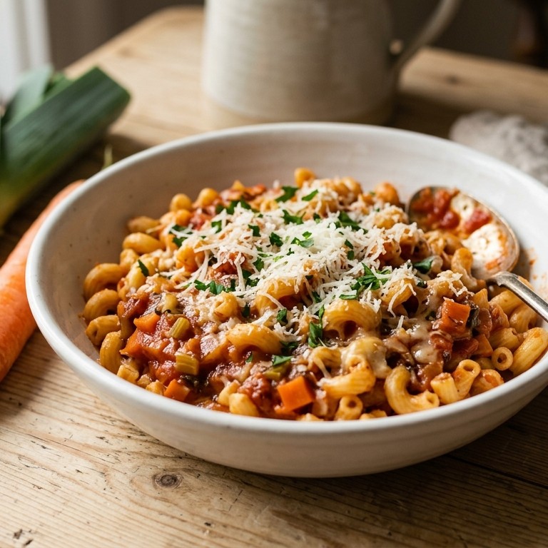 Macaroni met tomatensaus en geraspte belegen kaas