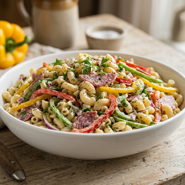 Macaronisalade met salami en paprika
