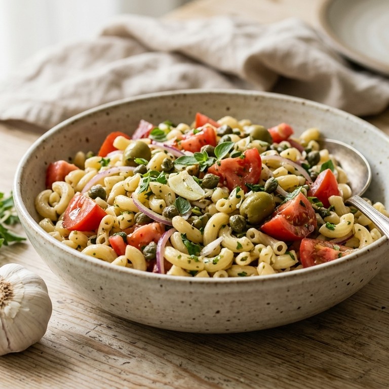Macaronisalade met vleestomaten, kappertjes en olijven
