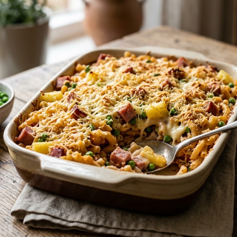 Macaronischotel met ham, kaas, ananas en doperwtjes