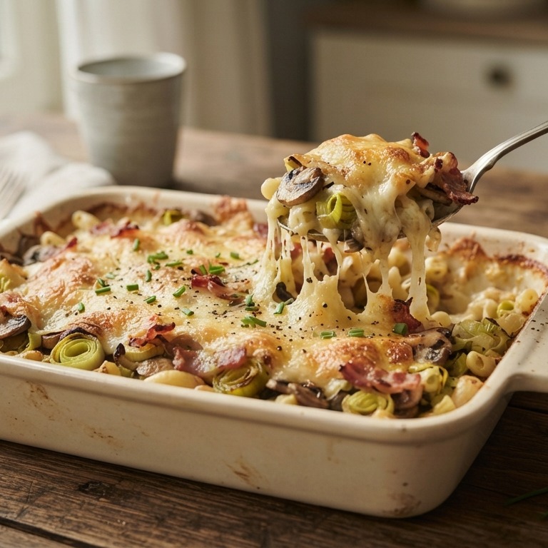 Macaronischotel met prei, champignons, paprika, ham en spekjes