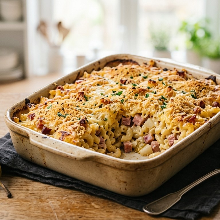 Macaronischotel met spekjes en kaas